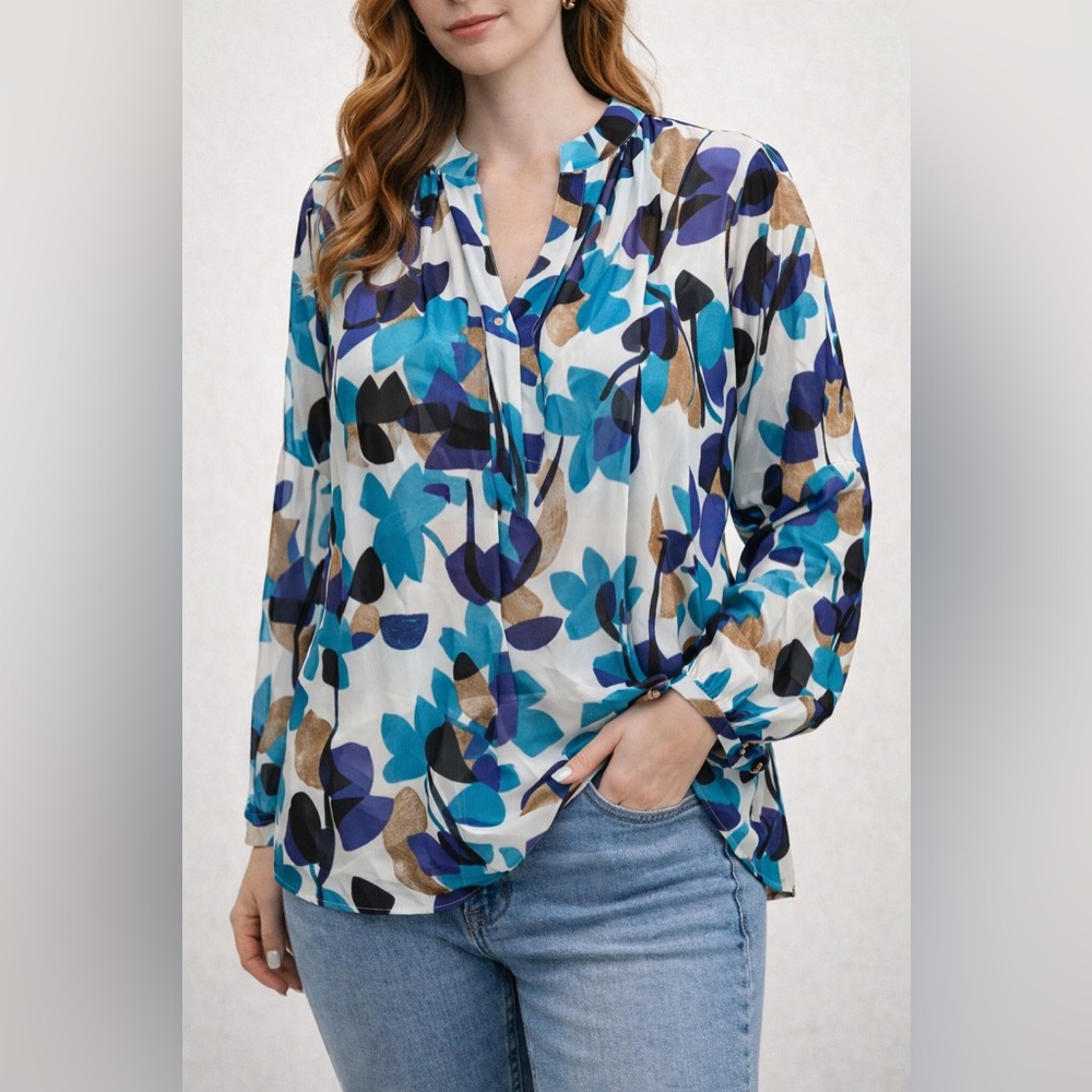 Lane Bryant Floral Blouse 18/20 Blue Teal Abstract Print Long Sleeve Top